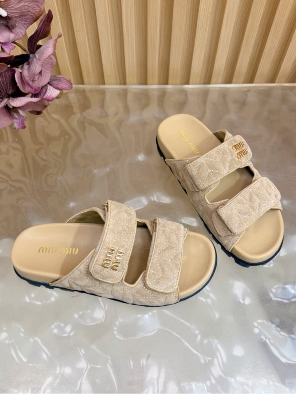 Miu Miu Neutral Quilted Suede Dual-Strap Slide Sandals